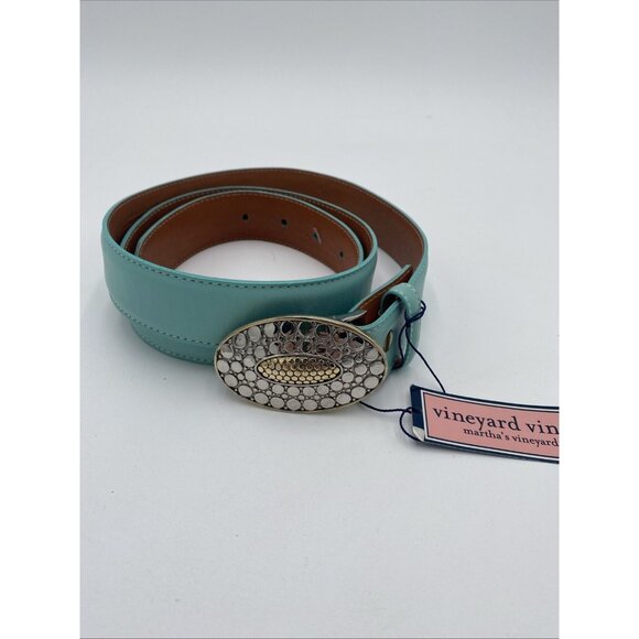 Vineyard Vines Mint Green Leather Belt Womens Sz L Silver Buckle 1 1/2\